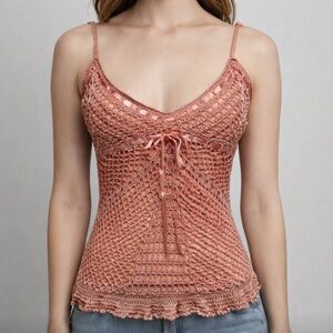 Y2K Babydoll Tank Top Fairy Festival Crochet Coquette Rave Pink Boho Beach Sz M